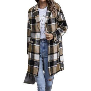 Women's 2024 Plaid Shacket Jacket Casual Button Wool Blend Winter Trench Coat